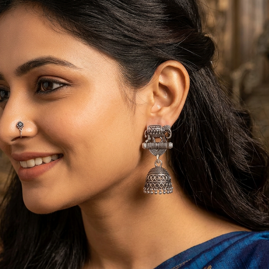 Oxidised Silver Elephant Jhumka Earrings