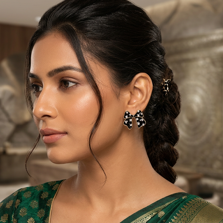 Black Bow Rhinestone Stud Earrings