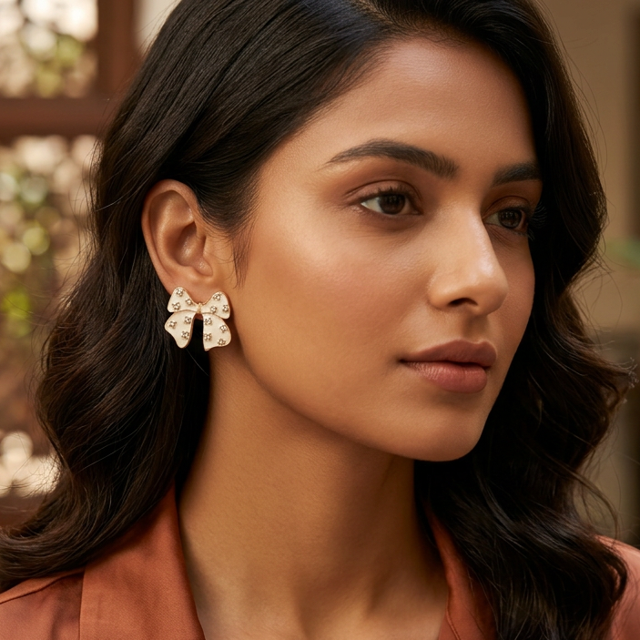White Bow Statement Stud Earrings