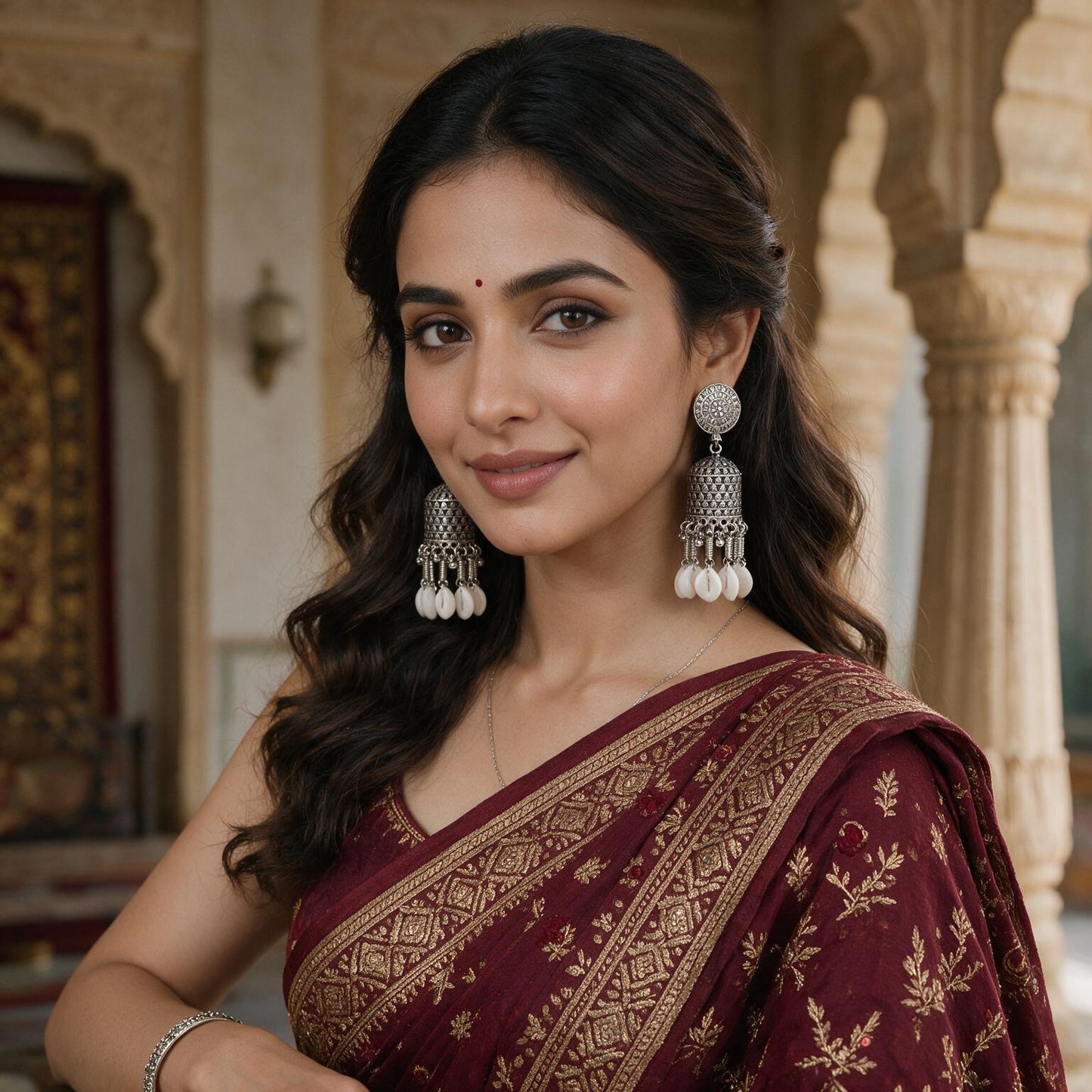Oxidised Silver Shell Charm Jhumka Earrings