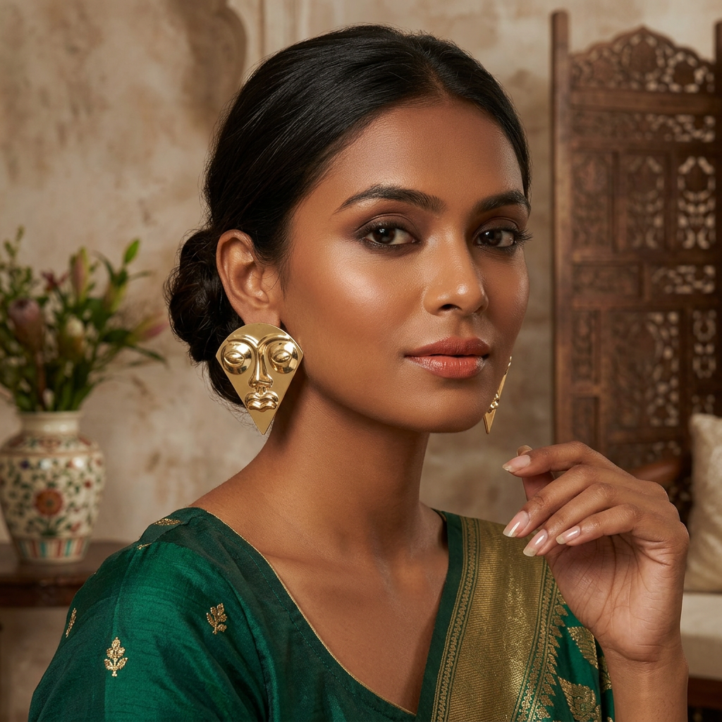 Gold Abstract Face Statement Earrings