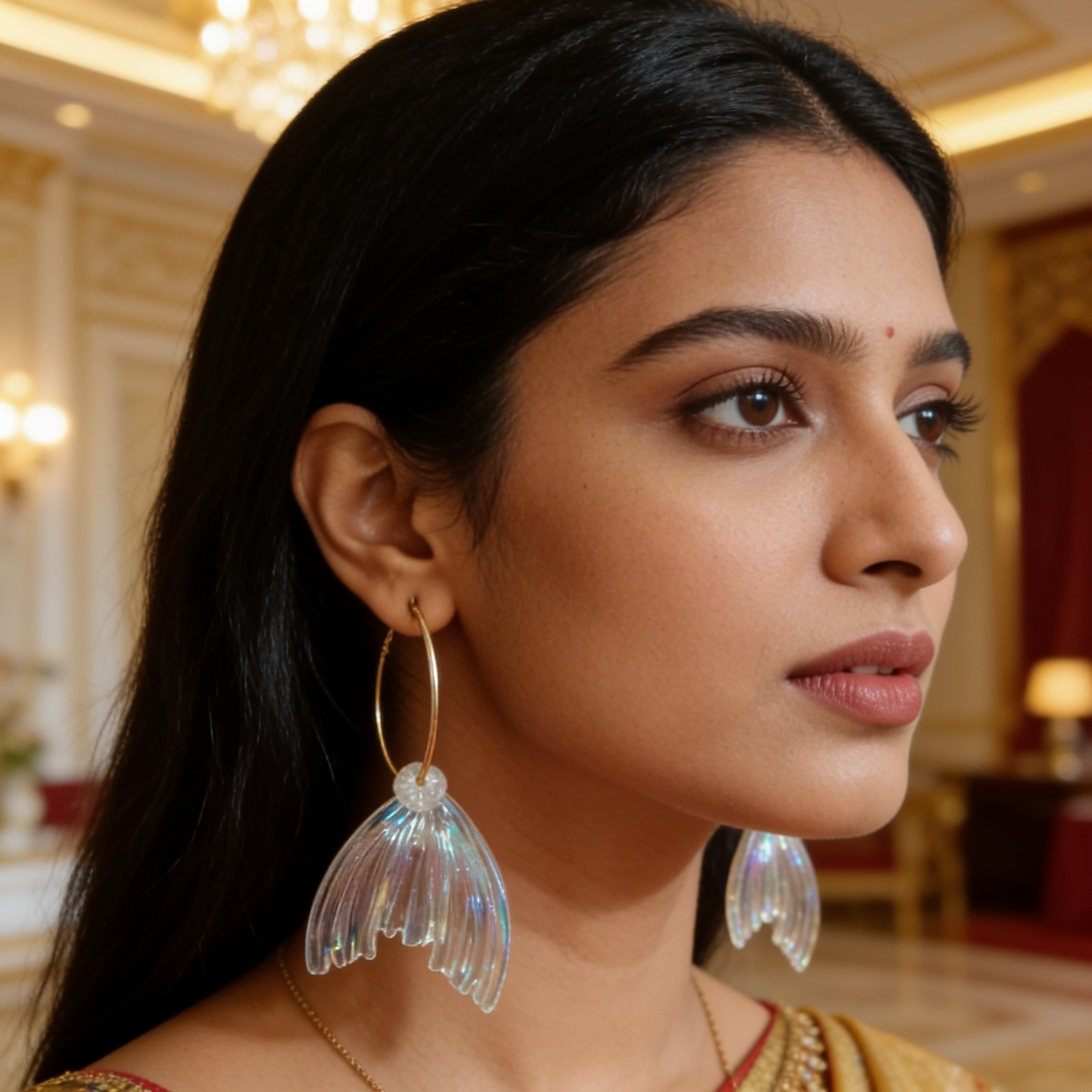 Golden Hoop Earrings with Transparent Petal Drop