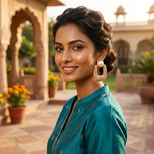 Gold Textured Pearl Square Drop Earrings