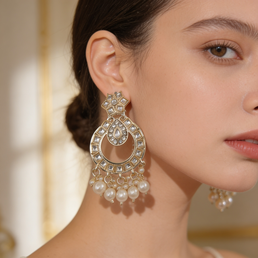Pearl Drop Kundan Chandbali Earrings