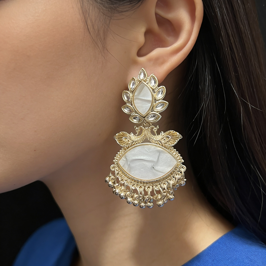 Gold-Toned Pearl Peacock Kundan Chandbali Earrings
