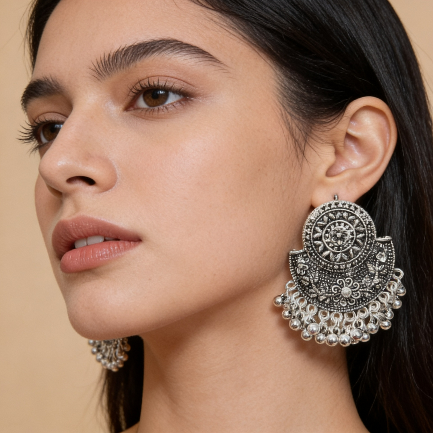 Oxidised Silver Chandbali Earrings with Ghungroo Detailing