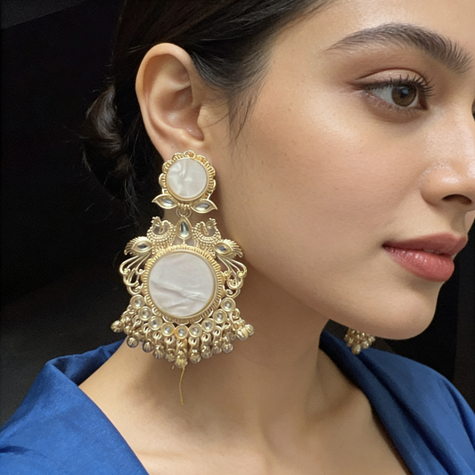 Gold-Toned Pearl Peacock Chandbali Earrings