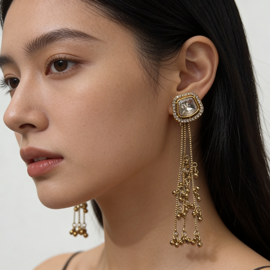 Gold Square Kundan Tassel Earrings | BME