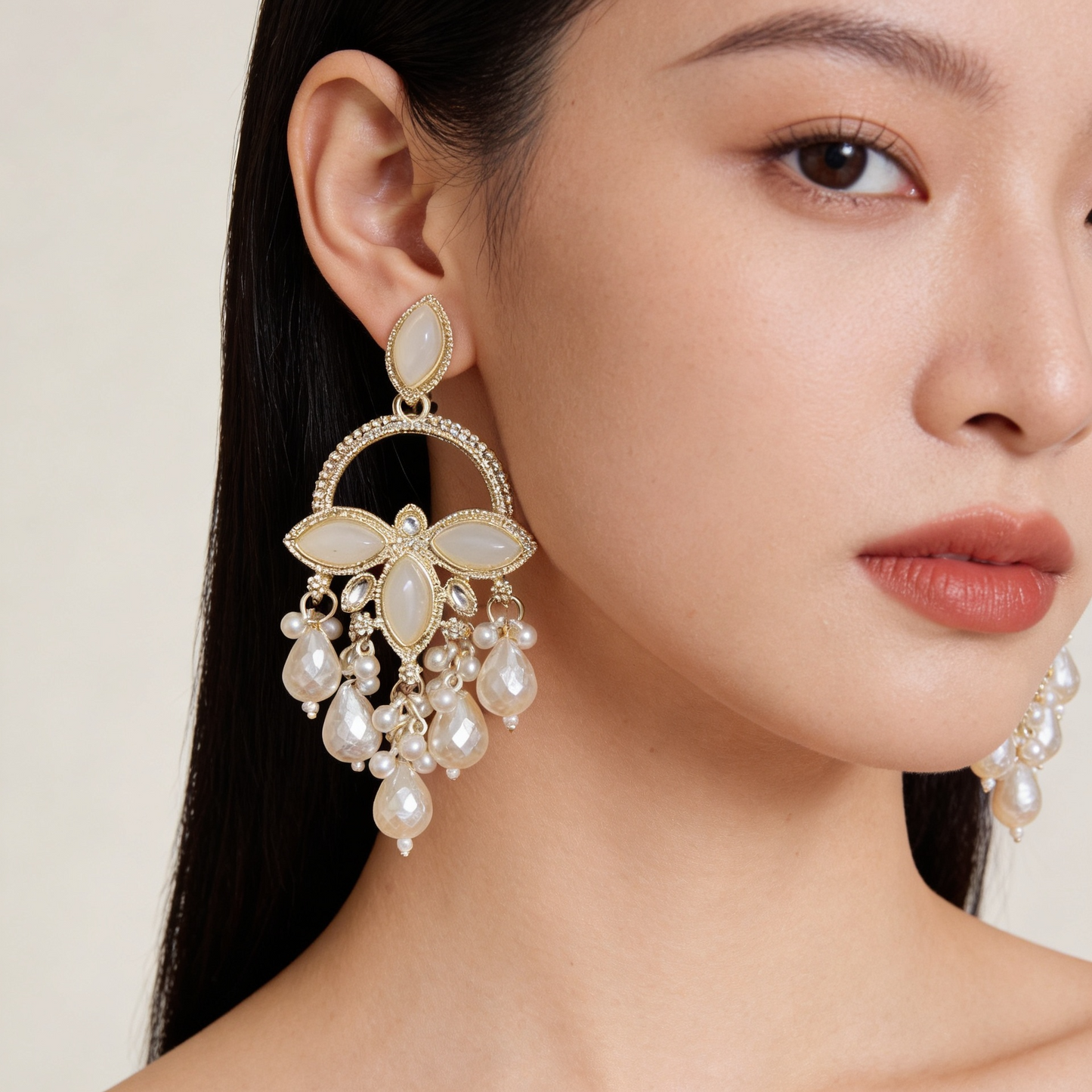 Gold Pearl Floral Chandbali Earrings