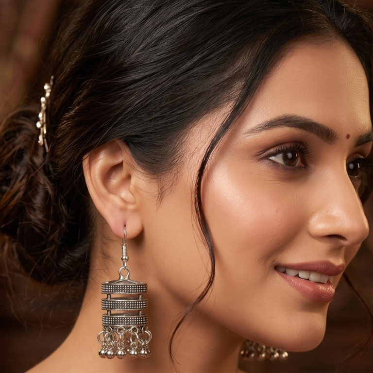 Oxidised Silver Cylindrical Tribal Drop Earrings