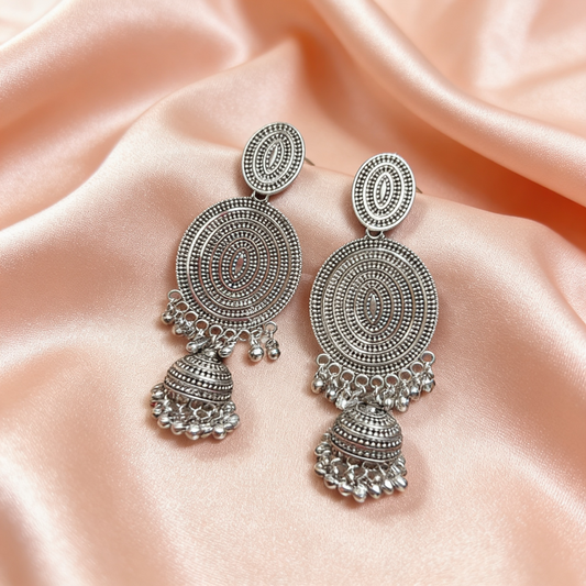 Oxidised Silver Round Jhumka Earrings