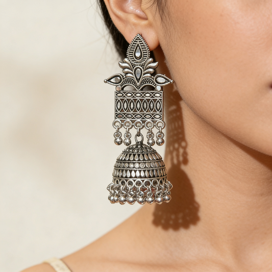 Oxidised Silver Leaf Jhumka Earrings