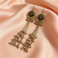 Green Stone Gold-Toned Chain Tassel Earrings