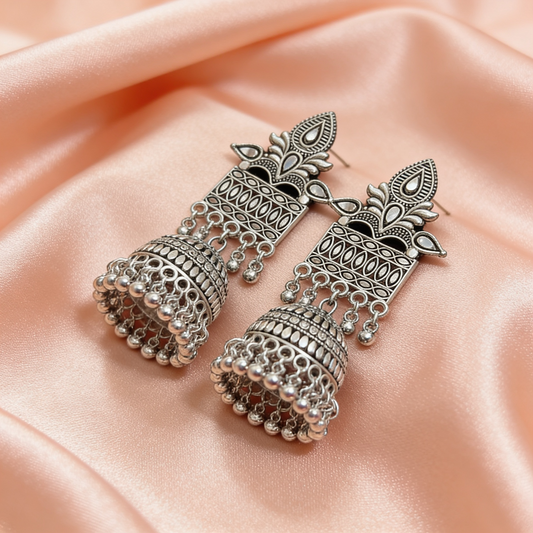 Oxidised Silver Leaf Jhumka Earrings