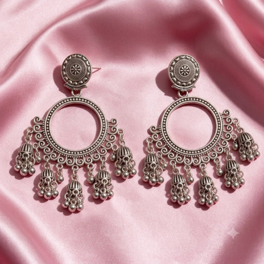 Antique Oxidised Silver Chandbali Jhumka Earrings