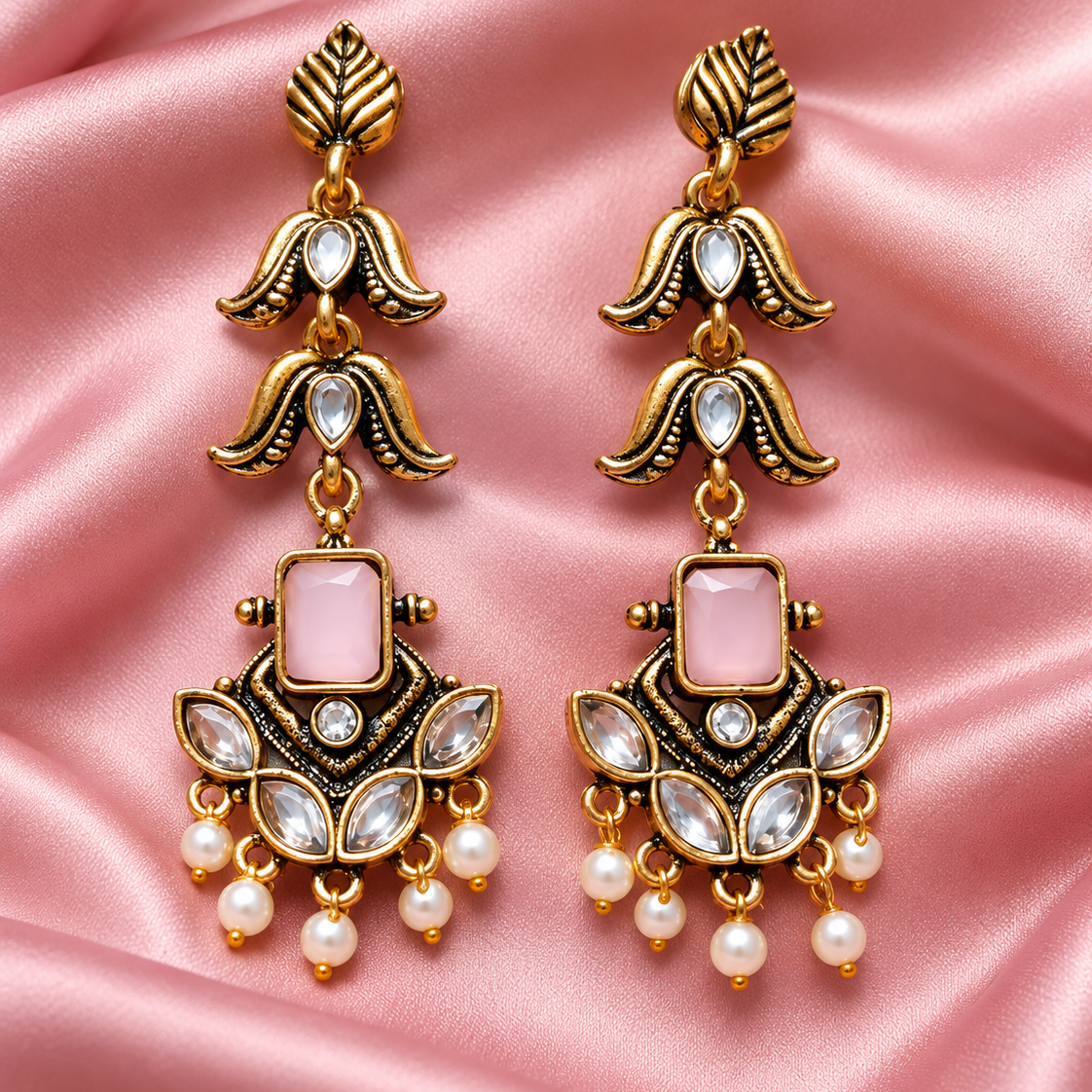 Antique Gold Kundan Pearl Drop Earrings