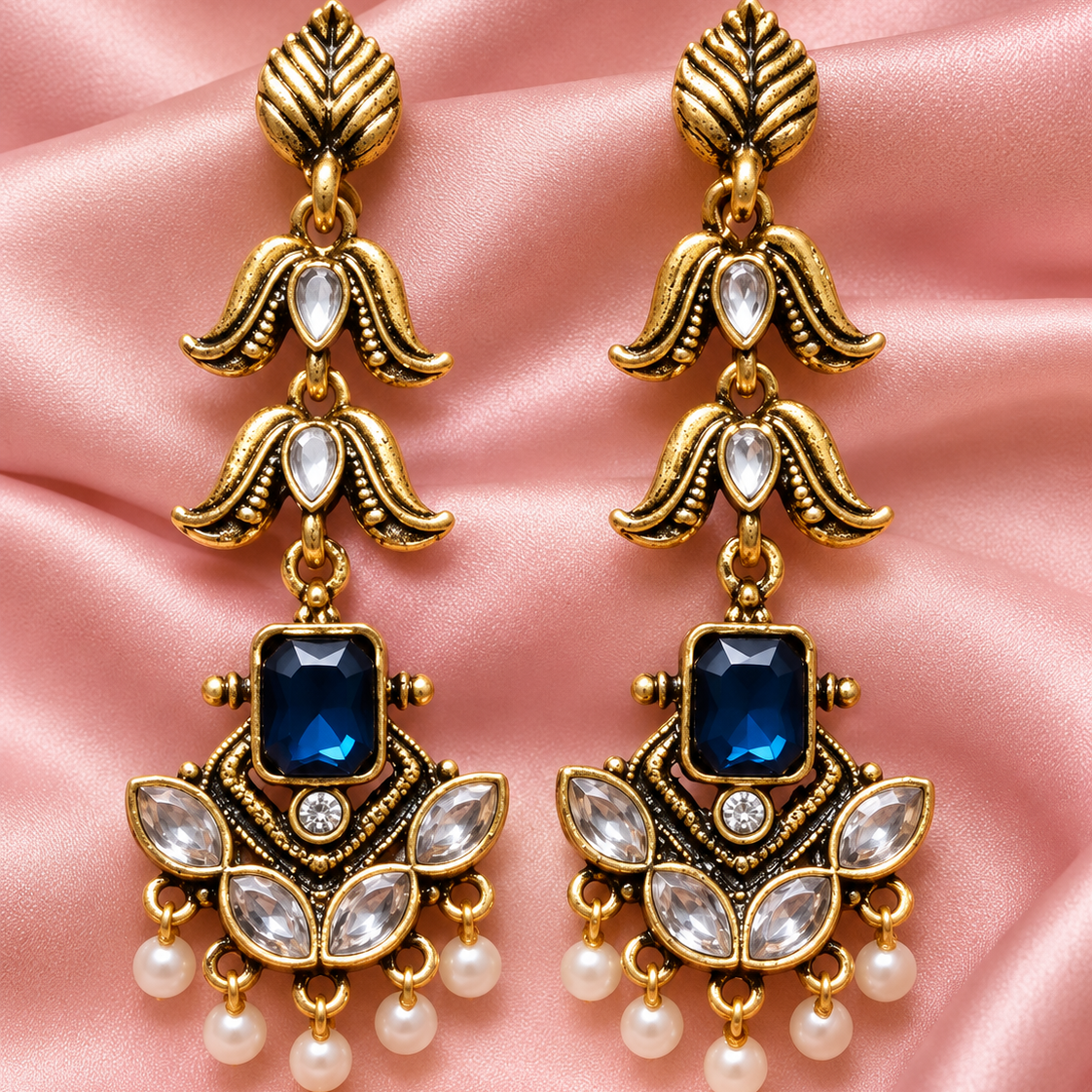 Antique Gold Kundan Pearl Drop Earrings