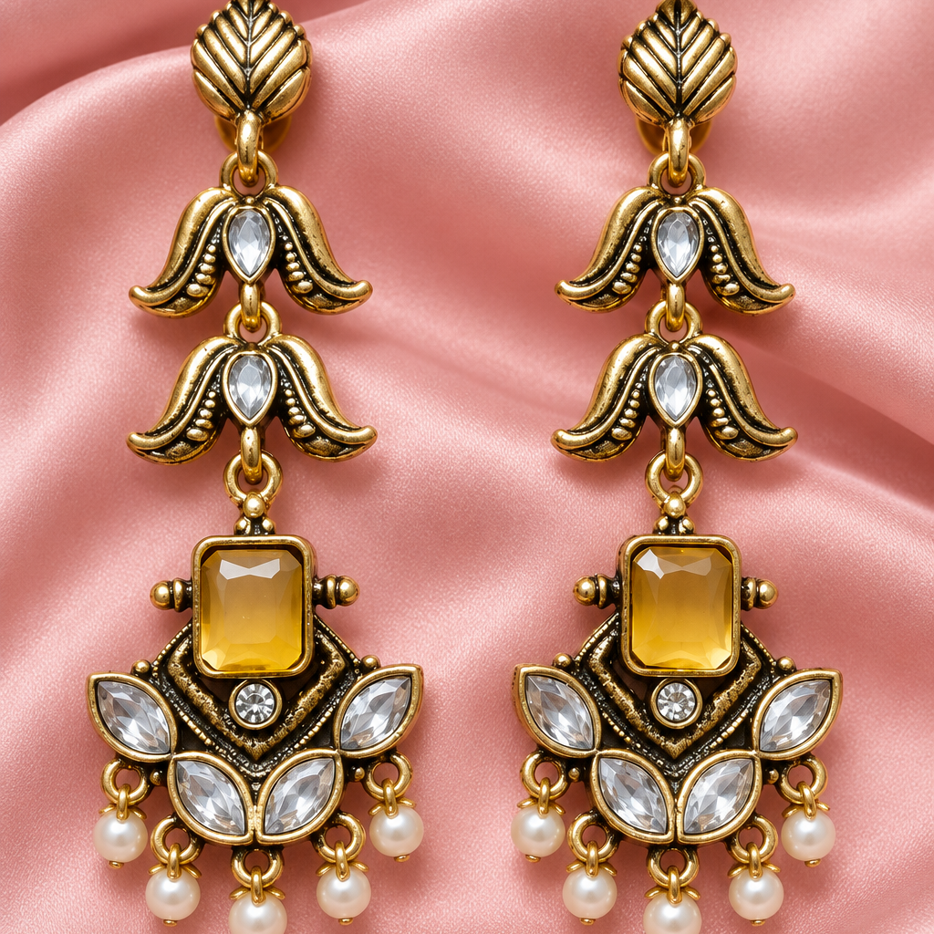 Antique Gold Kundan Pearl Drop Earrings