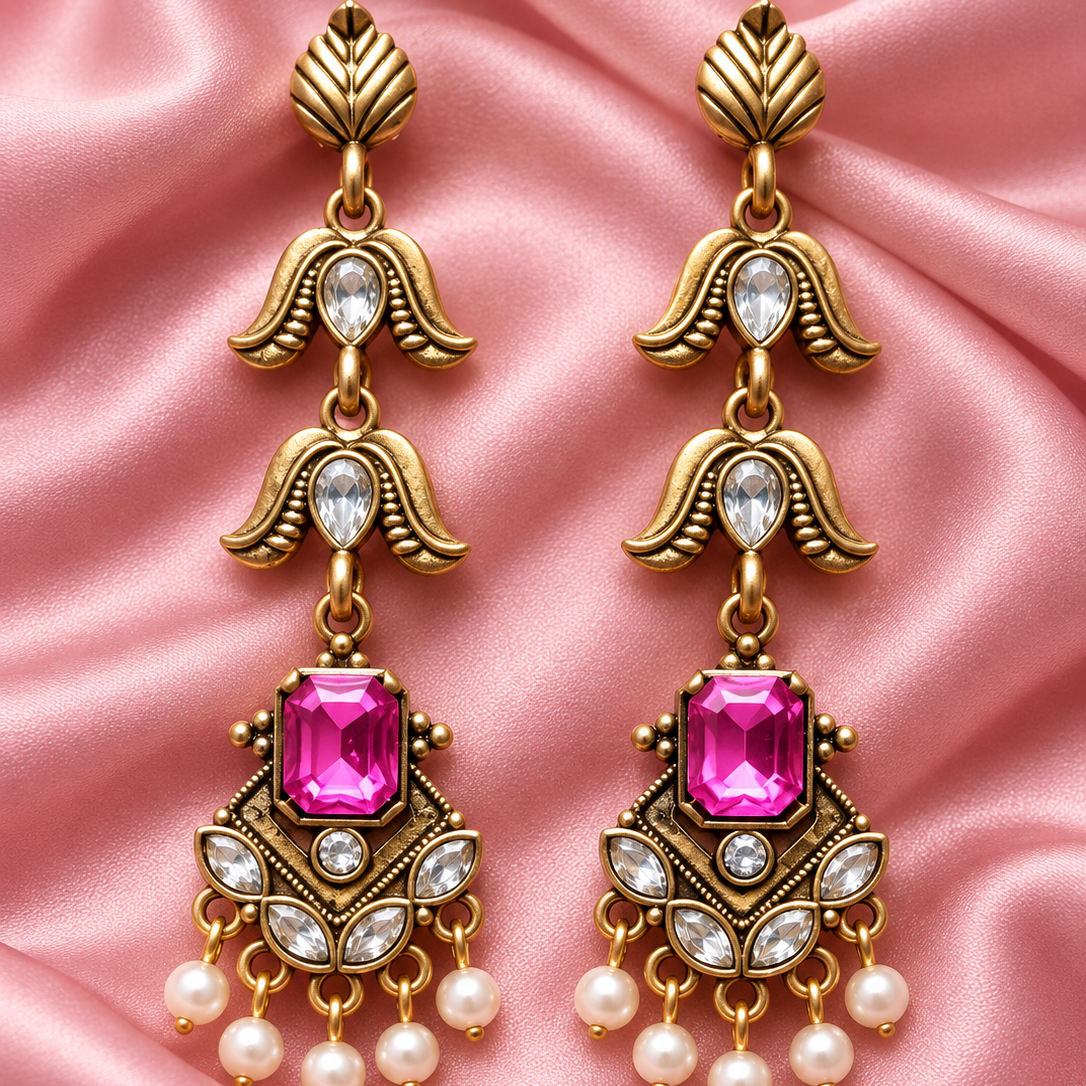 Antique Gold Kundan Pearl Drop Earrings
