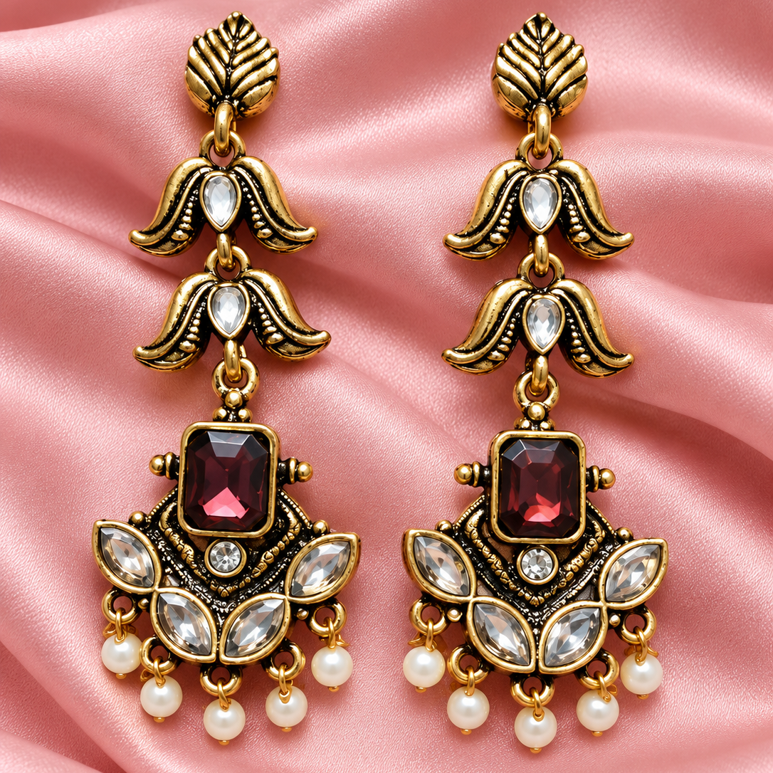 Antique Gold Kundan Pearl Drop Earrings