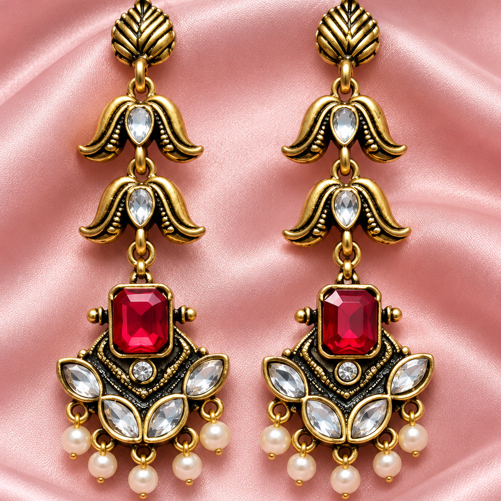 Antique Gold Kundan Pearl Drop Earrings