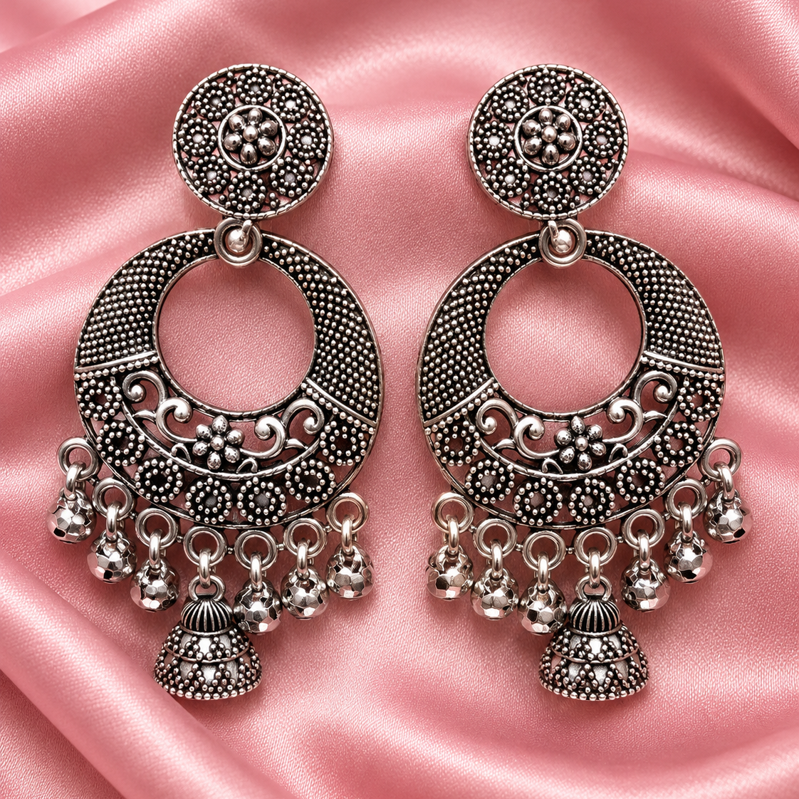 Traditional Oxidised Silver Chandbali Earrings with Floral Design, Jhumka & Ghungroo Drops
