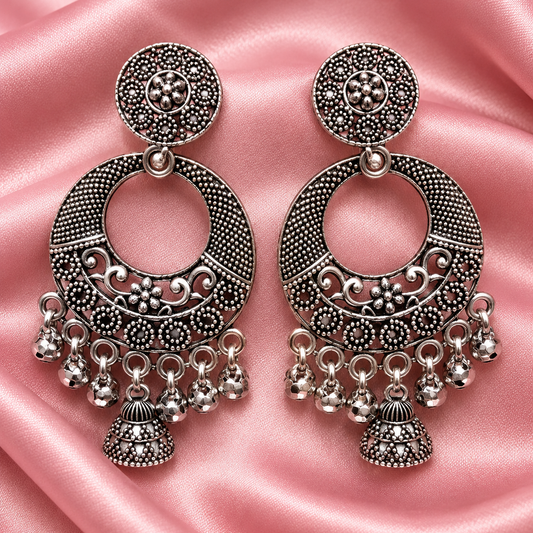 Traditional Oxidised Silver Chandbali Earrings with Floral Design, Jhumka & Ghungroo Drops