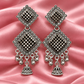 Traditional Oxidised Silver Geometric Square Earrings with Jhumka & Ghungroo Drops
