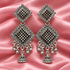 Traditional Oxidised Silver Geometric Square Earrings with Jhumka & Ghungroo Drops
