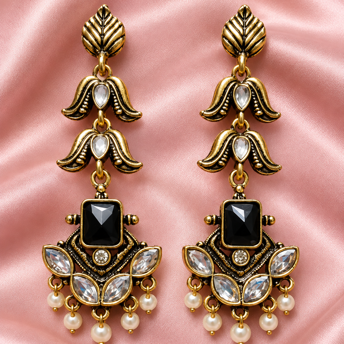 Antique Gold Kundan Pearl Drop Earrings