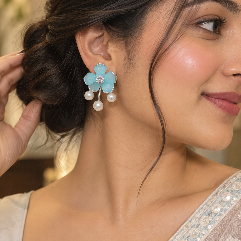 Elegant Floral Crystal Stud Earrings with Pearl Drops for Women