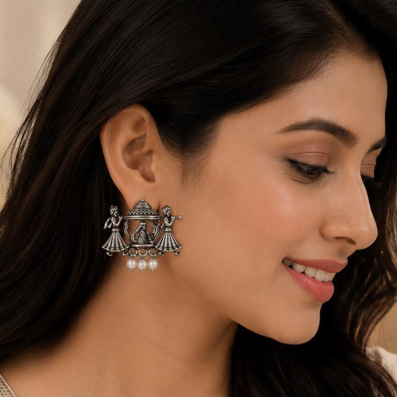 Oxidised Silver Temple Jhumka Earrings with Pearl Drops