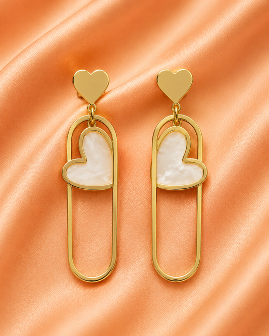 Golden Heart Pearl Drop Earrings