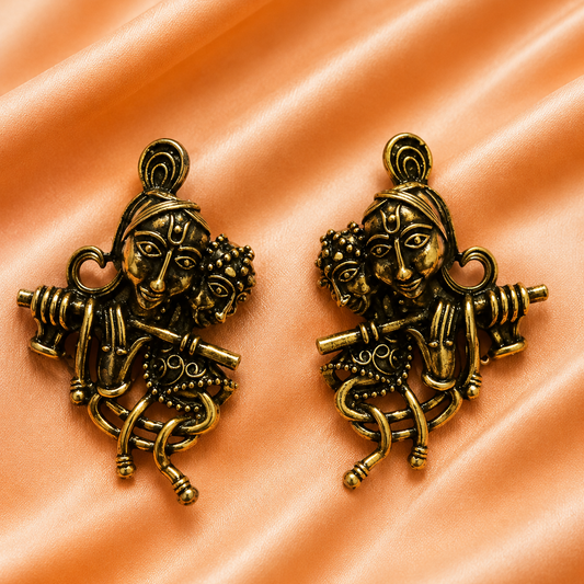 Antique Krishna Flute Oxidised Earrings