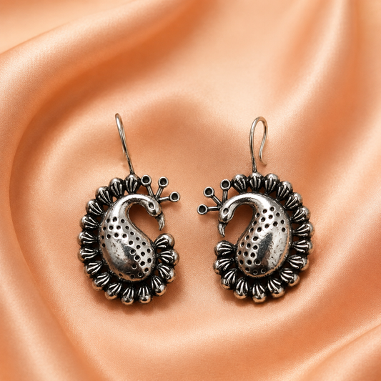 Oxidised Silver Peacock Design Earrings