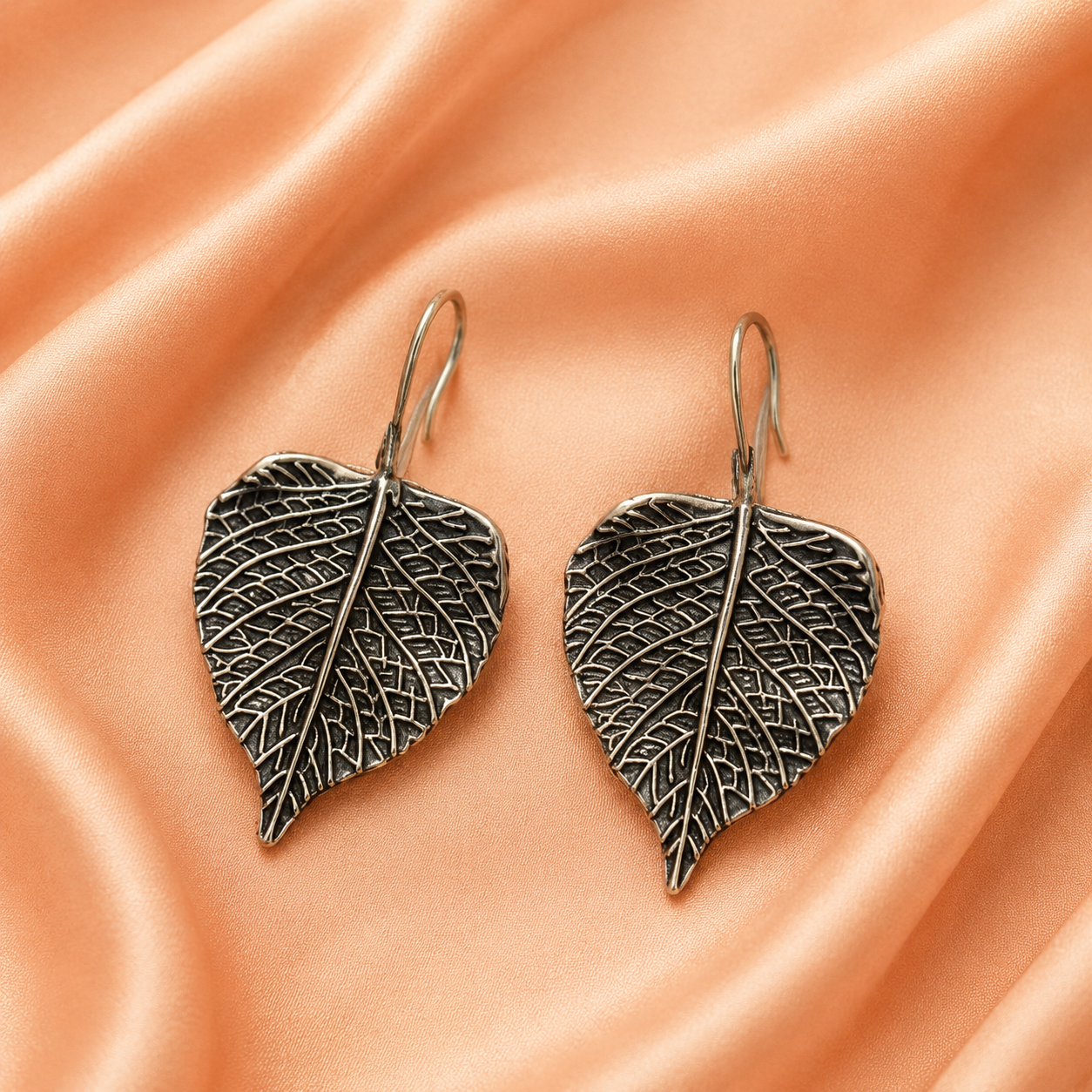 Oxidised Silver Leaf Design Drop Earrings