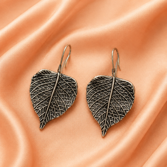 Oxidised Silver Leaf Design Drop Earrings
