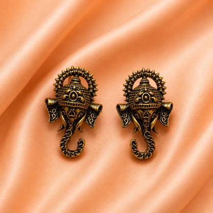 Antique Gold Ganesha Design Stud Earrings