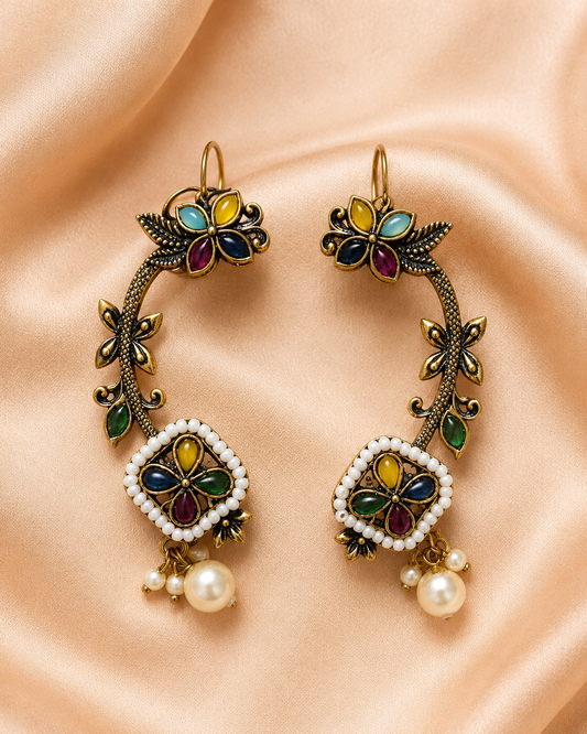 Antique Gold Multicolour Pearl Drop Earrings
