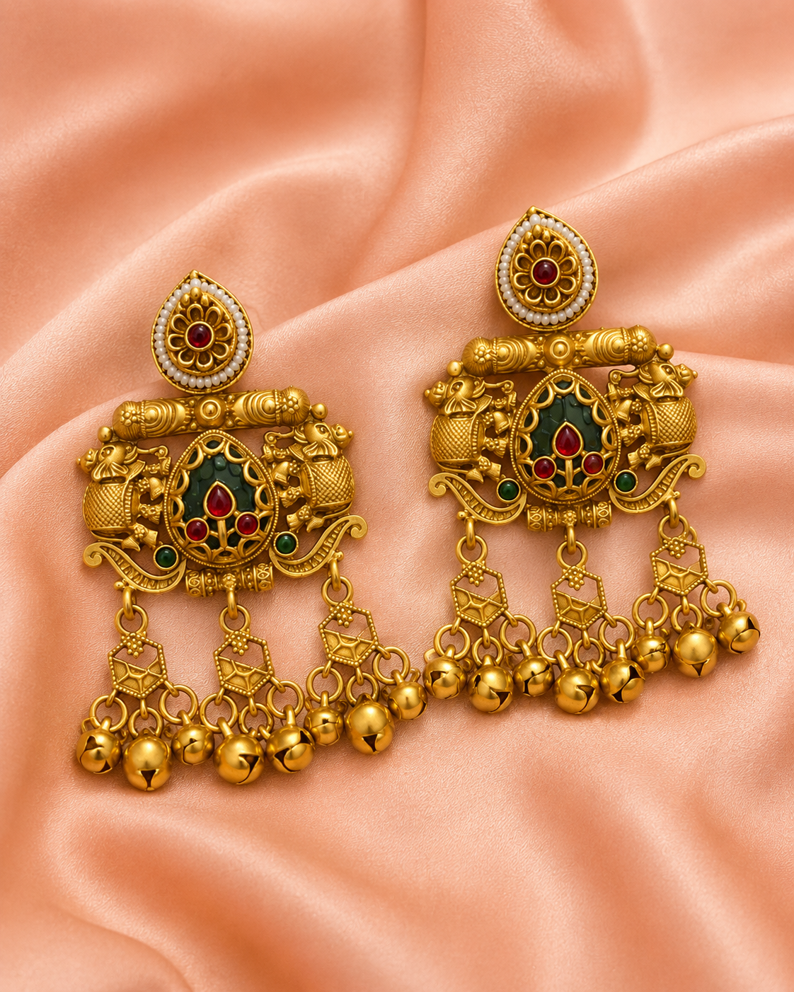 Antique Gold Temple Bell Drop Earrings