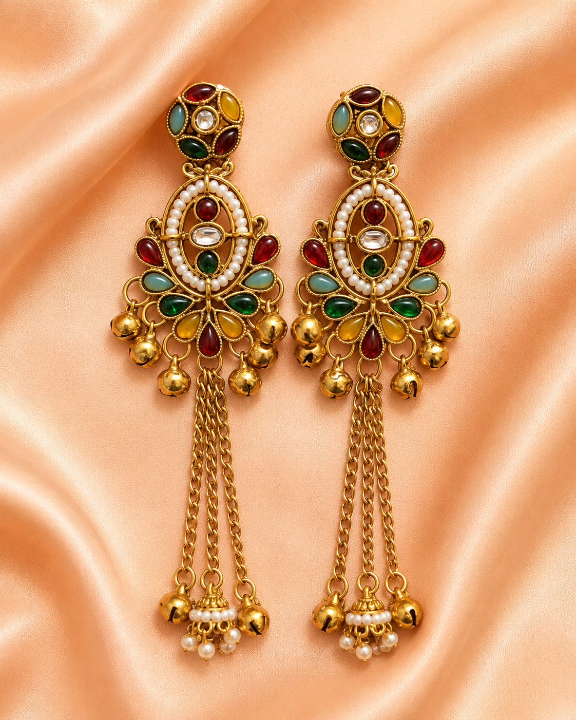 Antique Gold Multicolor Pearl Chandbali Tassel Earrings