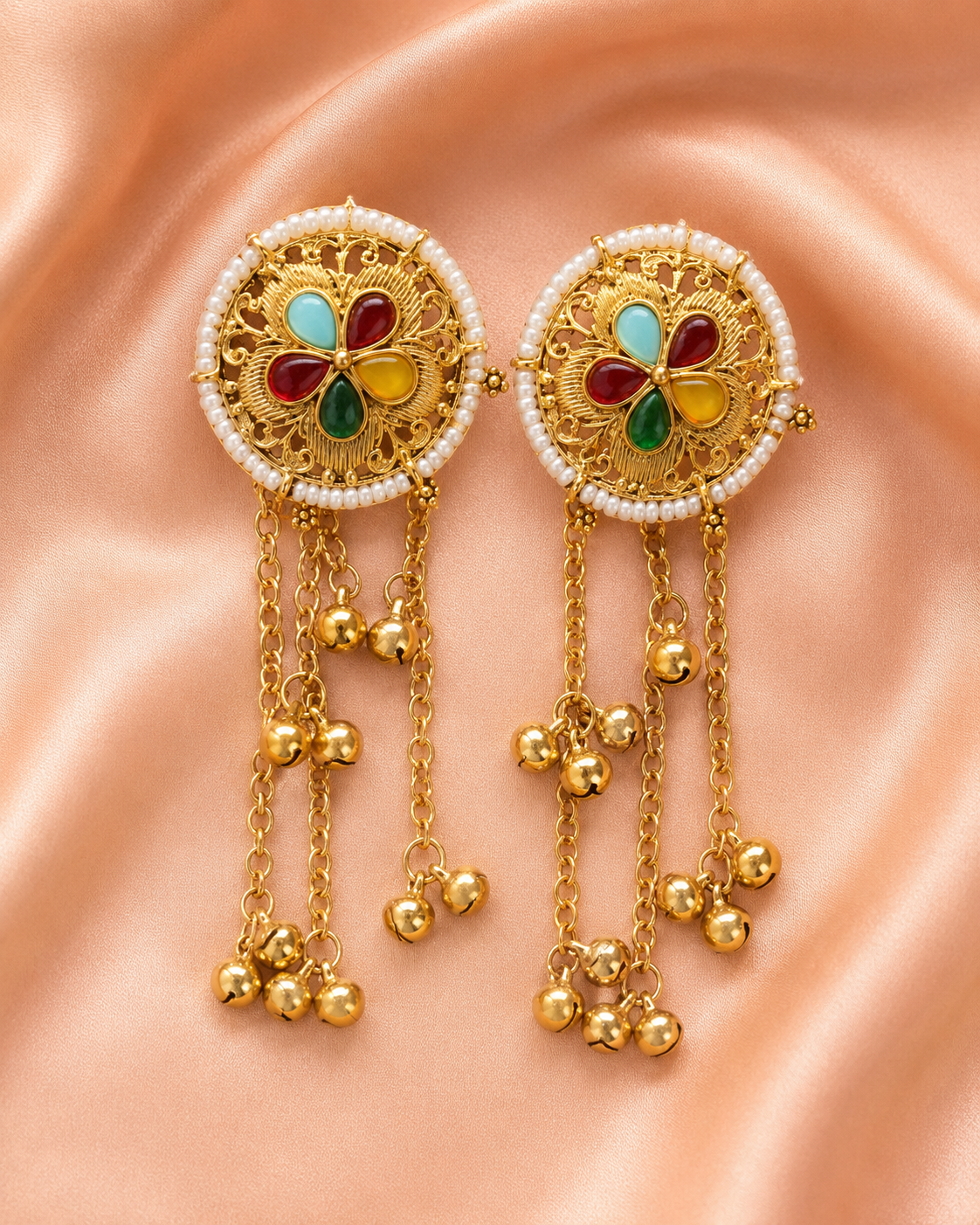 Antique Gold Floral Pearl Tassel Earrings