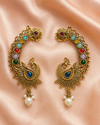 Antique Gold Peacock Pearl Cuff Earrings