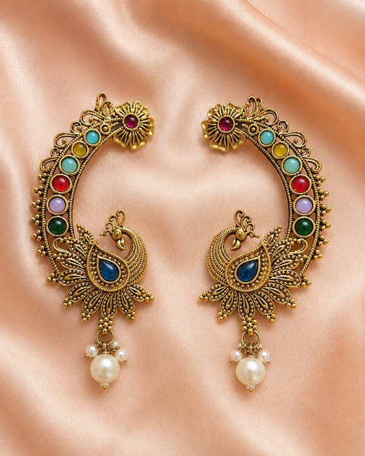 Antique Gold Peacock Pearl Cuff Earrings