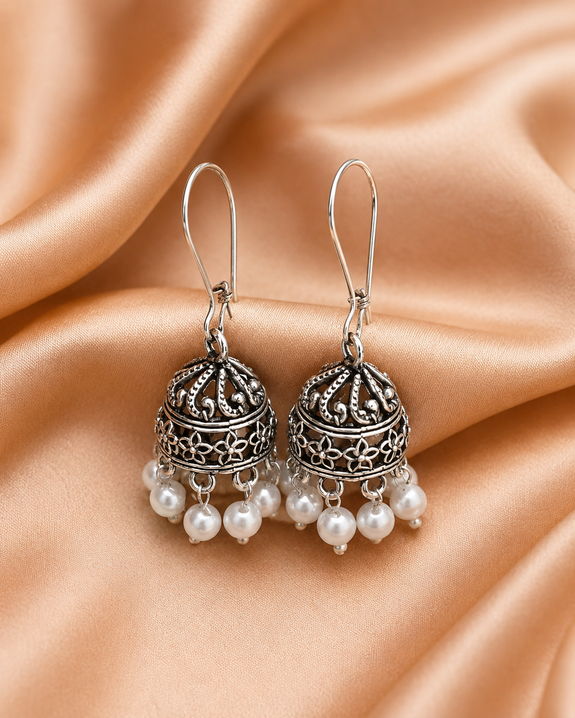 Oxidised Silver Pearl Jhumka Earrings