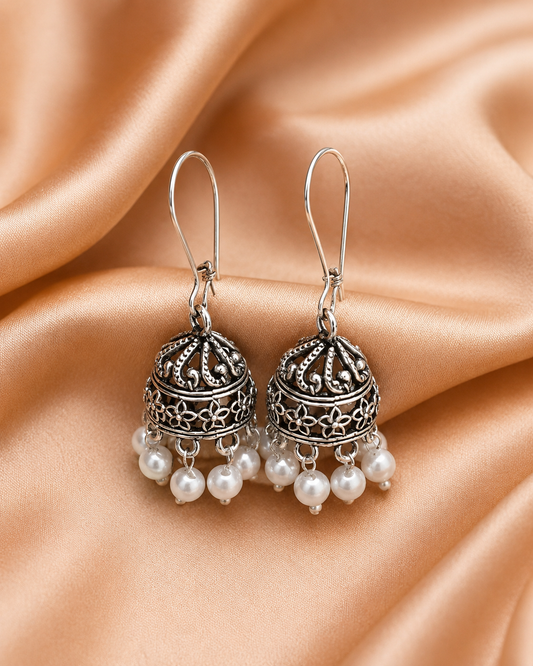 Oxidised Silver Pearl Jhumka Earrings