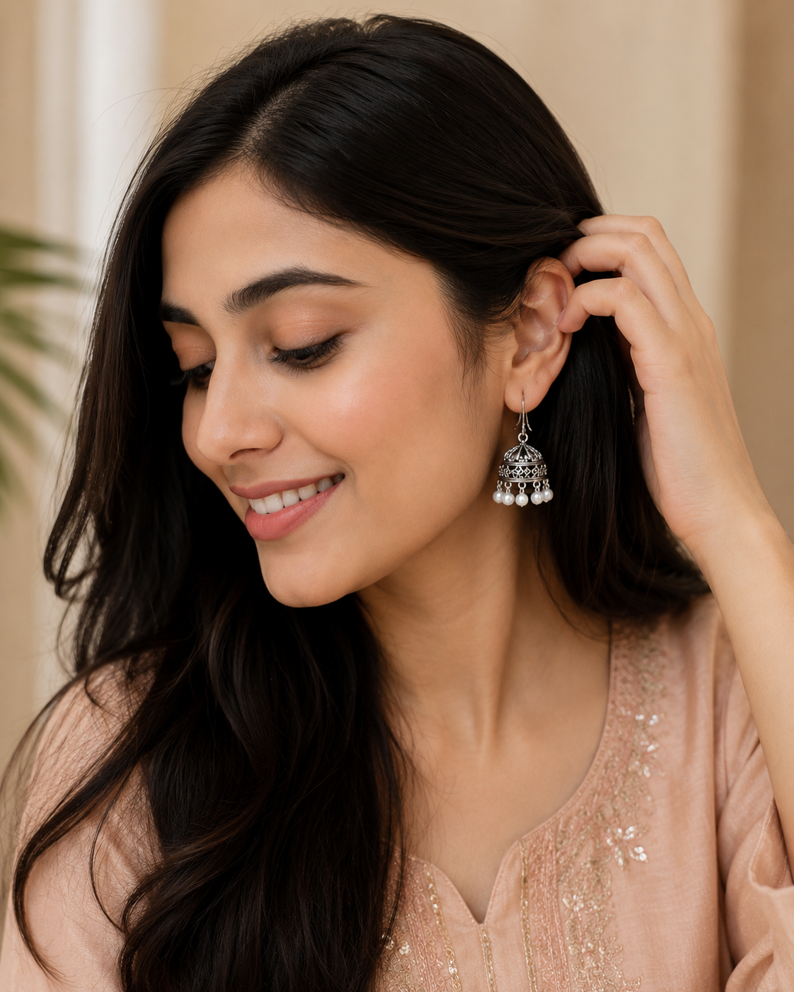 Oxidised Silver Pearl Jhumka Earrings