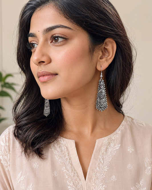 Oxidised Silver Long Drop Earrings