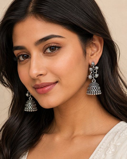 Oxidised Silver Leaf Jhumka Earrings