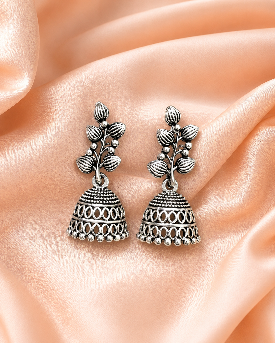 Oxidised Silver Leaf Jhumka Earrings